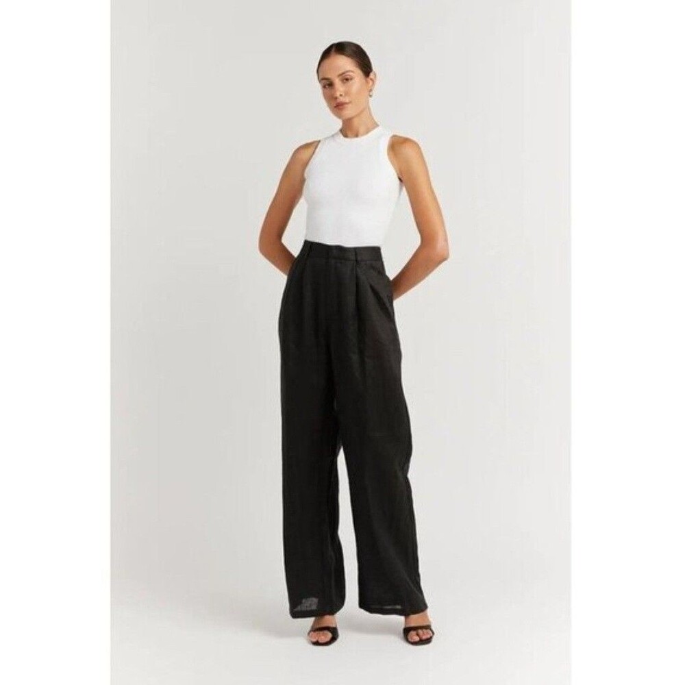 DISSH NWT Norah Black 100% Linen Trouser Pants High Waisted EU 8 US 4 Wide Leg